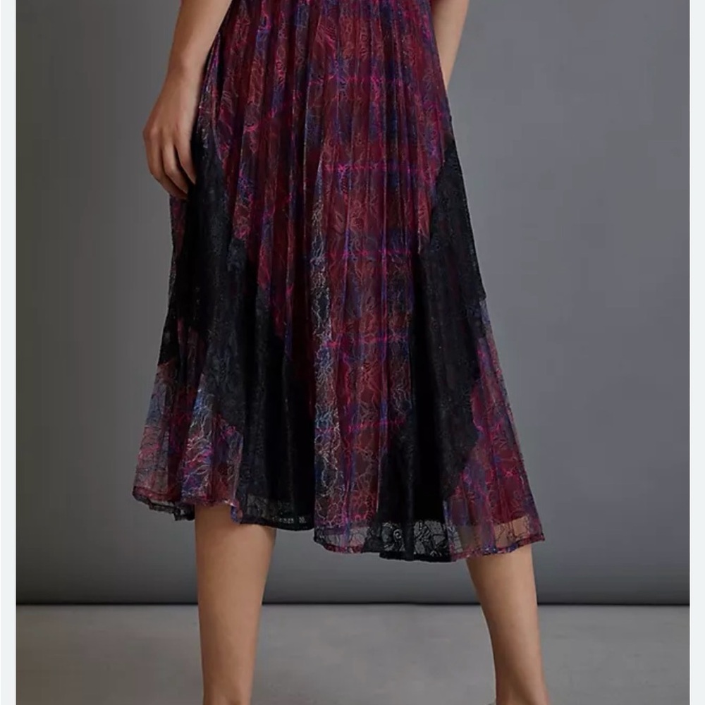 Anthropologie Delphine pleated pink Black LACE Midi Skirt excellent! 8 S Small